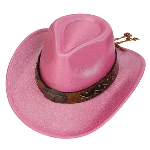 Detail of pink pearlescent cowboy hat featuring decorative belt with metal bull head buckle