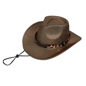Detail of bronze wool jazz hat featuring leopard print band and metal buckle accent
