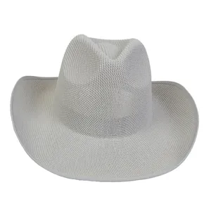 Breathable wide brim western cowboy hat in light gray weave for sun protection