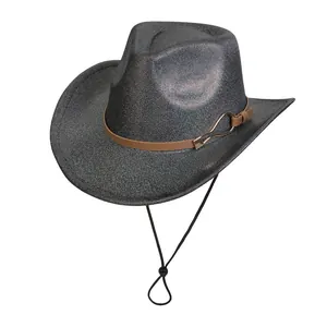 Detail of grey pearlescent cowboy hat with glitter finish and brown leather decorative band