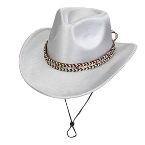 Detail of silver metallic cowboy hat with ethnic geometric headband and adjustable drawstring