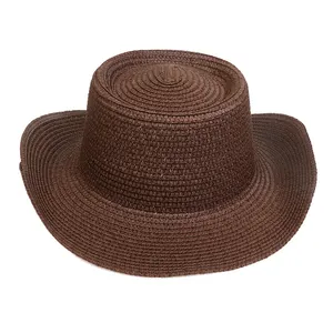 Sombrero Panamá de paja tejida marrón oscuro con ala ancha y copa plana moderna