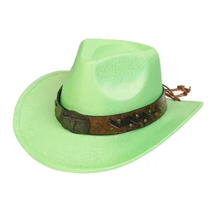 Detail of green western cowboy hat featuring bull head metal buckle and beaded leather strap