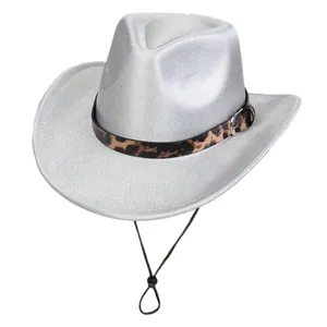Detail of silver cowboy hat with leopard print band and adjustable chin strap