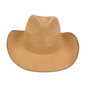 Classic khaki straw cowboy hat for men and women with wide brim and curved edge