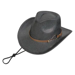 Detail of pearlescent laser fedora hat featuring brown leather band and adjustable wind cord