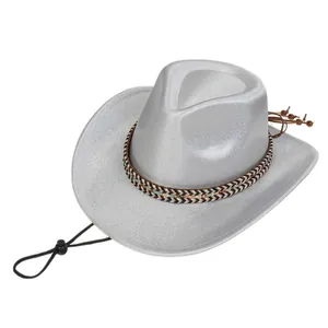 Close-up of glitter silver cowboy hat featuring a braided ethnic band and beaded chin strap
