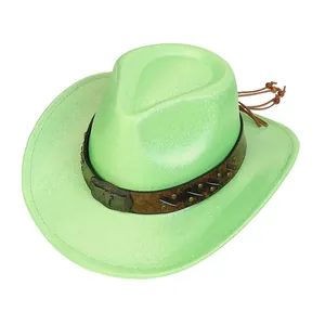 Detailed macro view of vibrant green cowboy hat with vintage stud strap and steer buckle