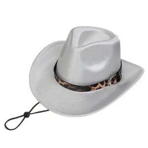 Detail of dark grey fedora with sparkling finish, leopard print band and windproof cord