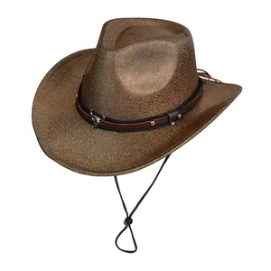Close-up of western fedora with bull skull buckle and leather band detail