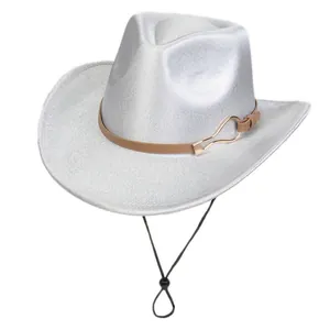 Detail of silver glitter jazz hat with brown leather band and black chin strap