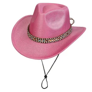 Close-up of pink glitter cowboy hat with ethnic braided band and adjustable chin strap