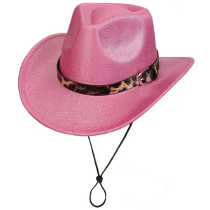 Close-up of glittery pink jazz hat featuring leopard print band and metallic buckle