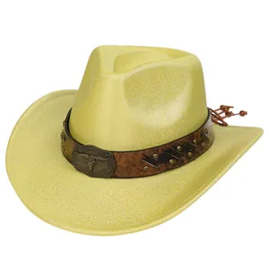 Detail of neon yellow western cowboy hat with leather band and metal bull skull ornament