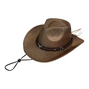 Detail of western cowboy hat featuring metallic bull head logo and leather fringe trim