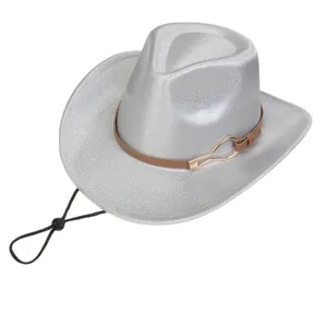 Detailed view of silver sequin cowboy hat with brown leather band and gold buckle
