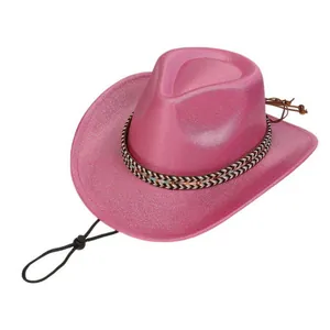 Detail of hot pink cowboy hat with ethnic braid trim and adjustable black chin strap