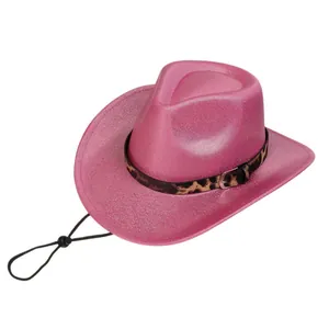 Pink glitter western cowboy hat featuring a leopard print band and adjustable chin cord