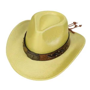Detail of yellow pearlescent cowboy hat with vintage bull buckle and studded strap