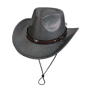 Detail of silver cowboy hat featuring a western steer skull buckle and leather band