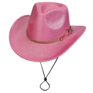 Detail of glittery pink fedora hat showing the leather band and black adjustable wind rope
