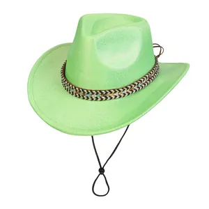 Fluorescent green cowboy hat with woven decorative band and adjustable chin strap