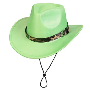 Neon green felt fedora hat featuring leopard print band with silver buckle and chin cord