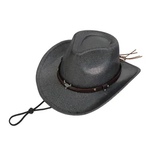Detail of dark grey felt cowboy hat featuring bull head pendant and leather band