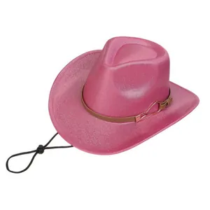 Detail of pink glitter cowboy hat with brown leather band and adjustable chin strap