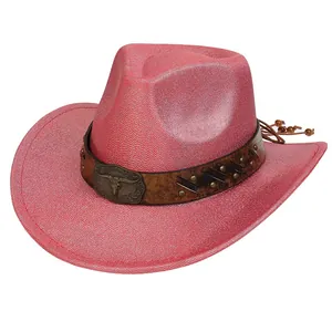 Close-up of red western cowboy hat with studded brown band and bull head emblem