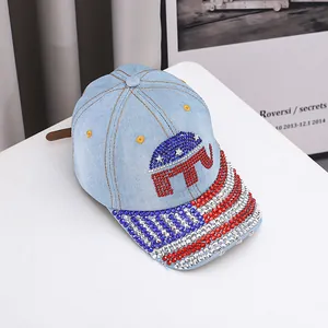 Detail of light blue denim baseball cap with rhinestone elephant emblem and leather strap