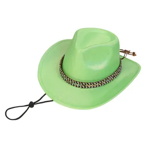 Detail of bright green cowboy hat with geometric woven band and adjustable wind rope