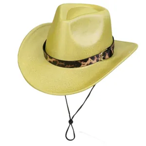 Detail view of yellow glitter felt hat with leopard print band and gold buckle fastener