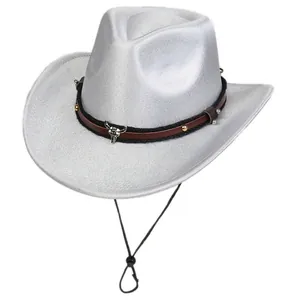 Detail of silver cowboy hat with leather band and metal bull head ornament