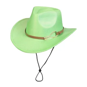 Close-up of neon green fedora hat featuring brown leather band and black chin strap