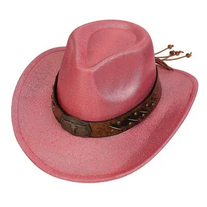 Detail of laser pink cowboy hat featuring a faux leather band with a bull head metal buckle
