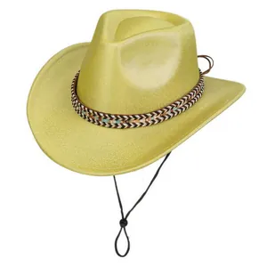Detail view of sparkly gold cowboy hat with woven ethnic band and adjustable chin strap
