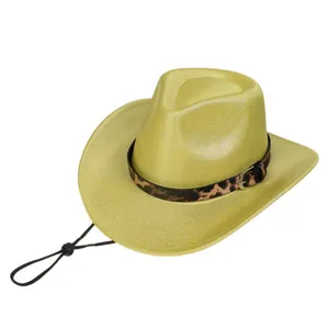Detail of neon green cowboy hat with glitter finish, leopard band, and chin strap