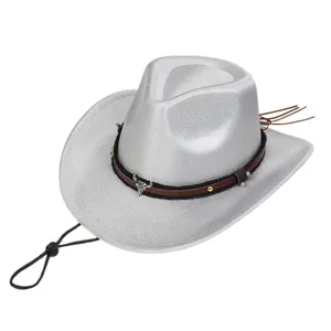 Detail of silver metallic cowboy hat featuring a bull head ornament and adjustable chin strap