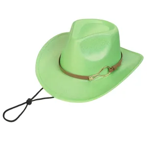 Detail of lime green cowboy hat featuring brown leather band and adjustable wind cord