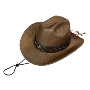Dettaglio cappello da cowboy bronzo glitterato con cinturino in pelle e borchie