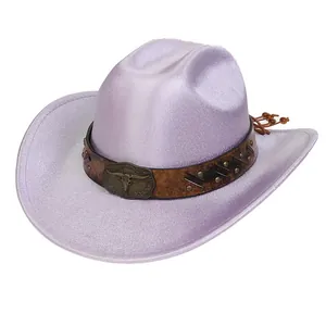 Detail of purple glitter cowboy hat with brown studded band and bull head buckle