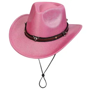 Macro detail of sparkly pink western cowboy hat with silver bull skull and leather strap