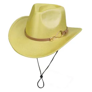 Close-up of golden glitter cowboy hat with leather band, metal buckle and windproof cord