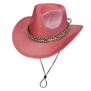 Macro detail of red woven western cowboy hat with colorful band and adjustable chin strap