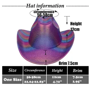 Größentabelle mit Umfang und Krempe für den lilafarbenen holografischen Cowboyhut
