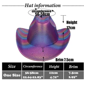 Size chart showing circumference and brim measurements for holographic purple cowboy hat