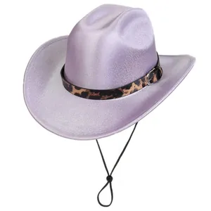 Close-up of lilac fedora with leopard print band, metallic buckle and adjustable strap