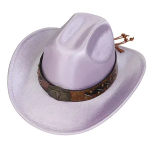 Detail of lavender cowboy hat with pearl luster, cow skull buckle, and metal rivets