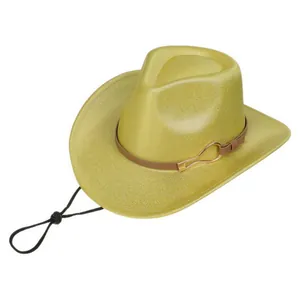 Detail of glitter cowboy hat with faux leather band, gold buckle and adjustable wind cord